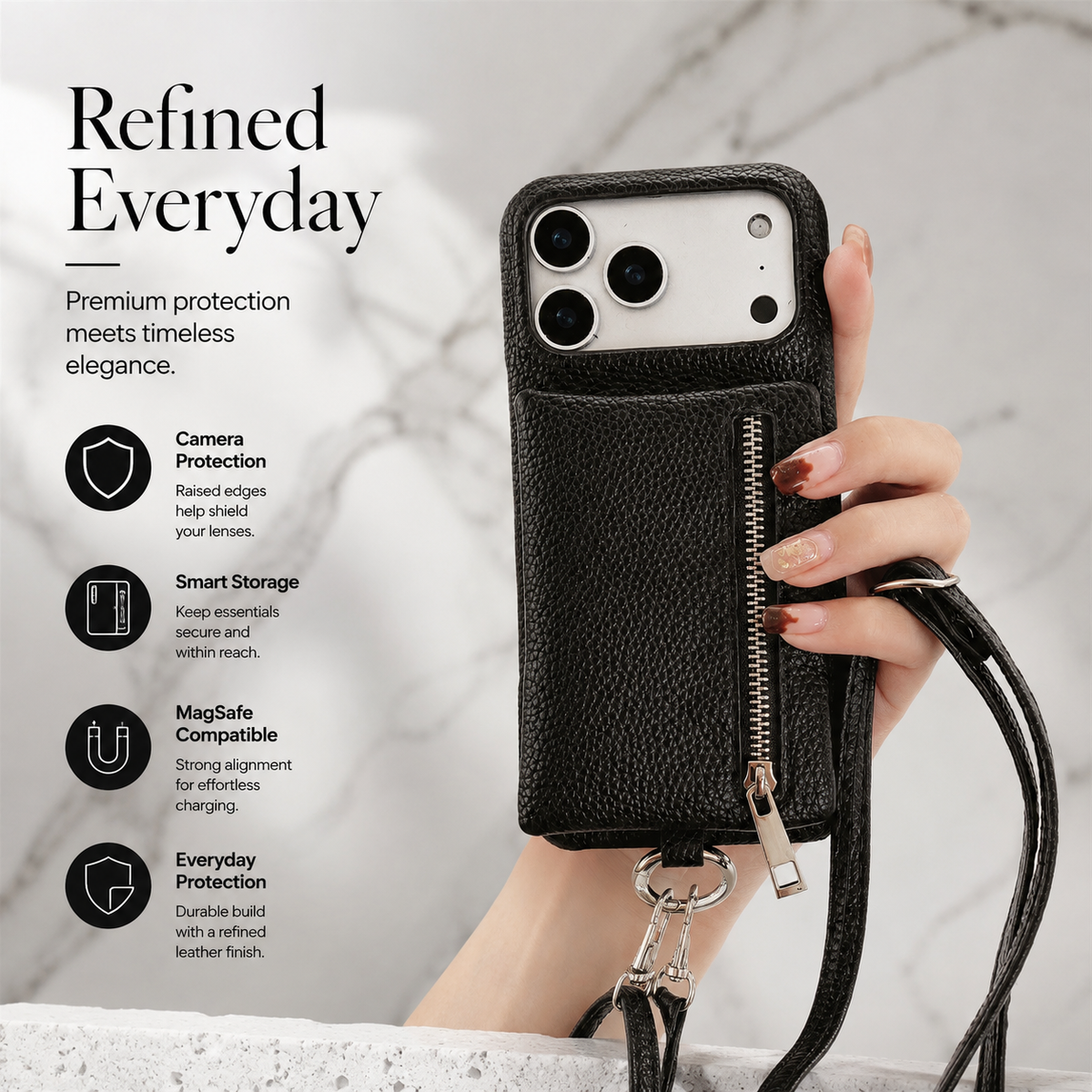 Premium iPhone Case Crossbody Leather Zippered Wallet Card Holder Protective Cover Shockproof Anti Scratch Strap Storage Slim Travel Phone Case Design