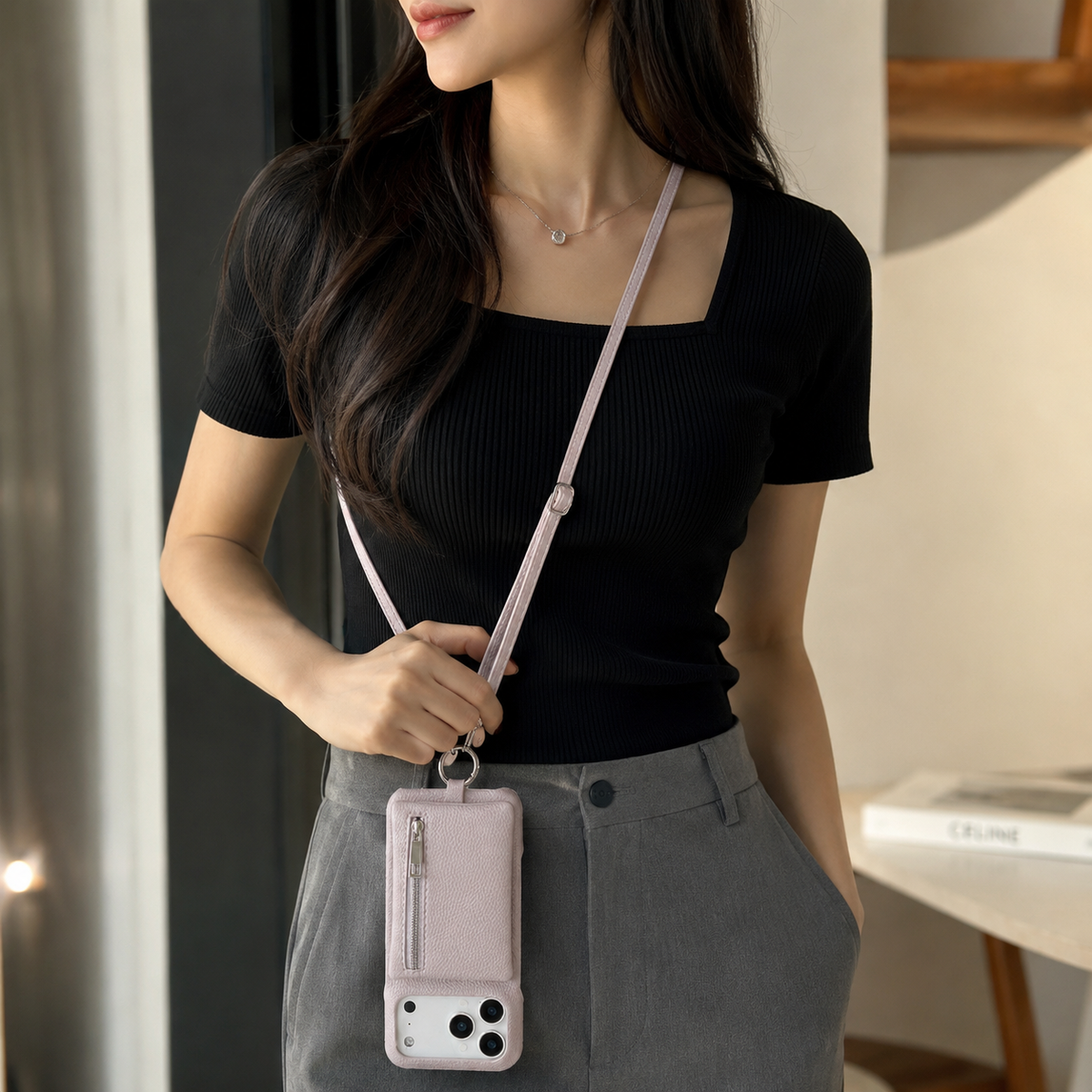 Premium iPhone Case Crossbody Leather Zippered Wallet Card Holder Protective Cover Shockproof Anti Scratch Strap Storage Slim Travel Phone Case Design