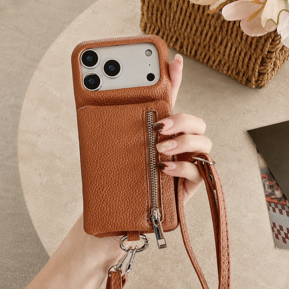 Premium iPhone Case Crossbody Leather Zippered Wallet Card Holder Protective Cover Shockproof Anti Scratch Strap Storage Slim Travel Phone Case Design