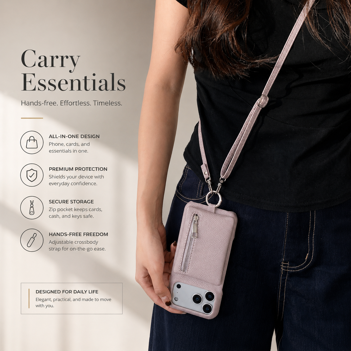 Premium iPhone Case Crossbody Leather Zippered Wallet Card Holder Protective Cover Shockproof Anti Scratch Strap Storage Slim Travel Phone Case Design