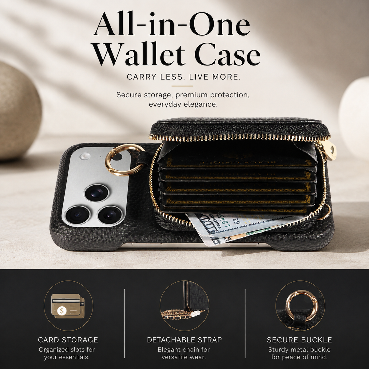 Premium iPhone Case Crossbody PU Leather Wallet Card Holder Shockproof Protective Cover Strap Storage Slim Business Soft Touch Phone Case
