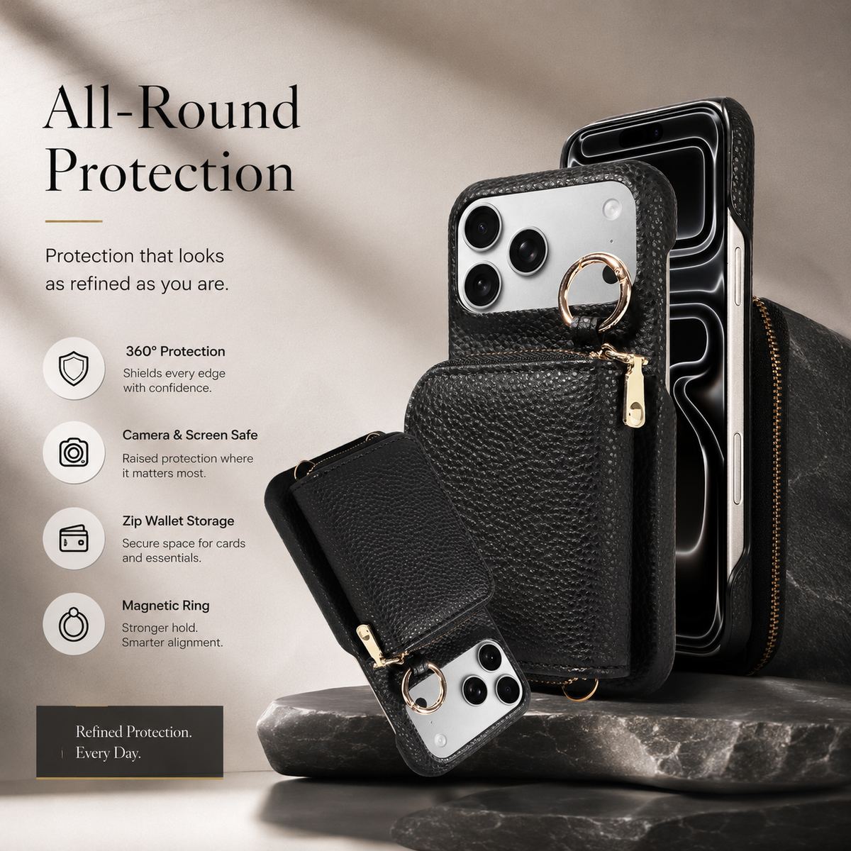 Premium iPhone Case Crossbody PU Leather Wallet Card Holder Shockproof Protective Cover Strap Storage Slim Business Soft Touch Phone Case