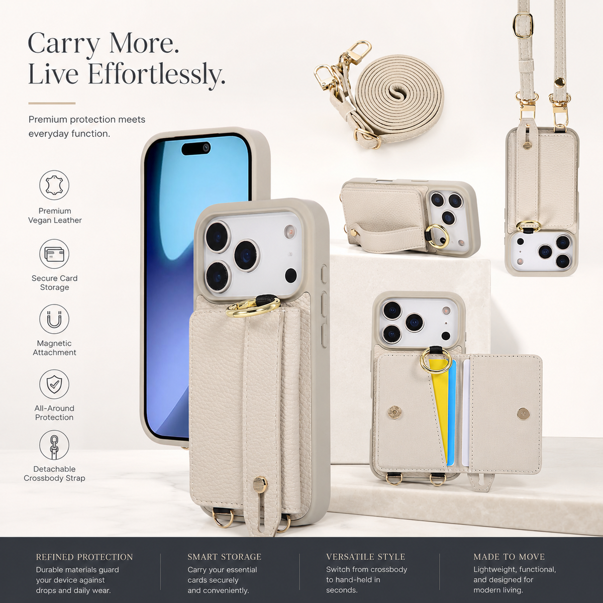 Premium iPhone Case Crossbody PU Leather Wallet Cash Card Holder Mirror Kickstand Lanyard Shockproof Storage Non Slip Protective Phone Cover Case