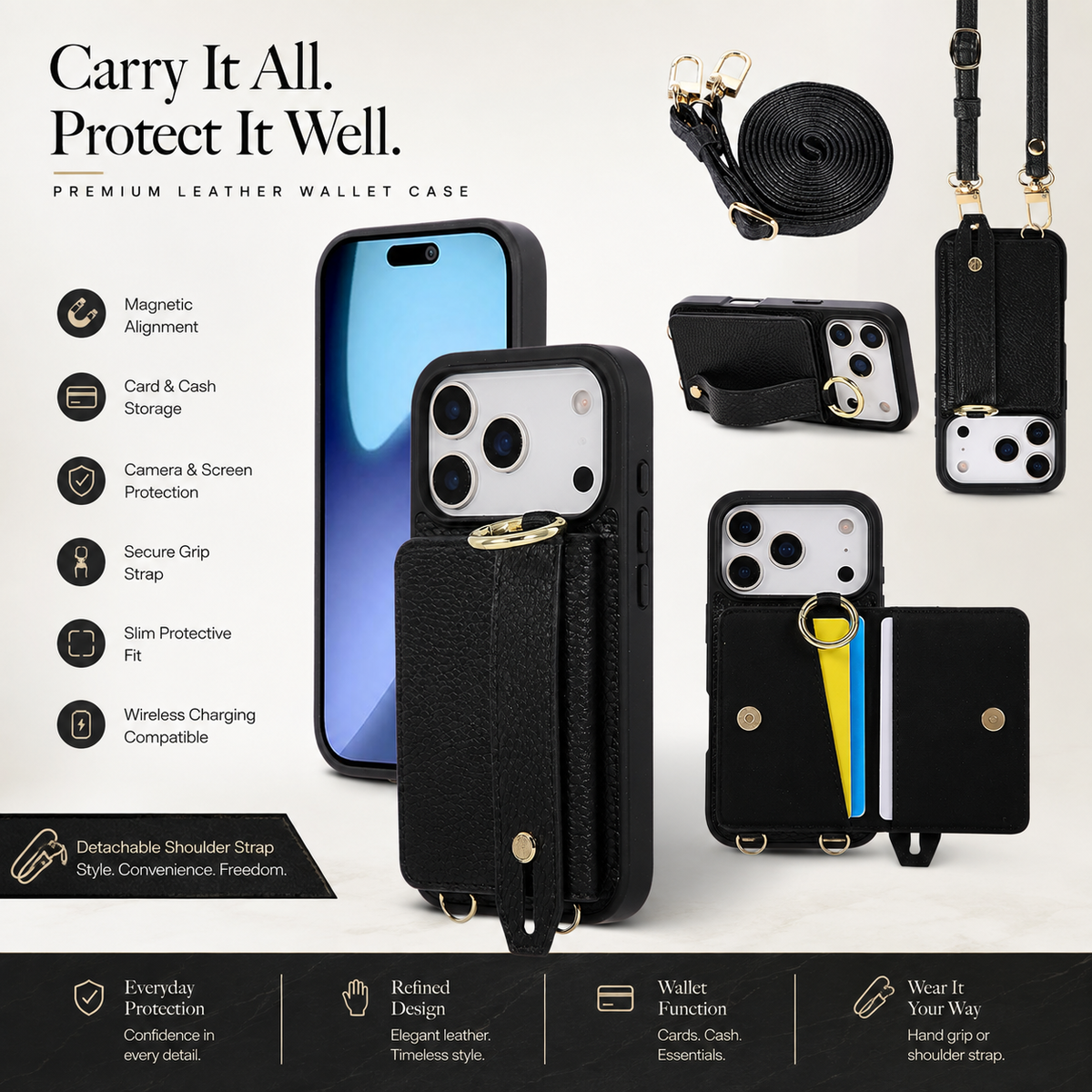 Premium iPhone Case Crossbody PU Leather Wallet Cash Card Holder Mirror Kickstand Lanyard Shockproof Storage Non Slip Protective Phone Cover Case