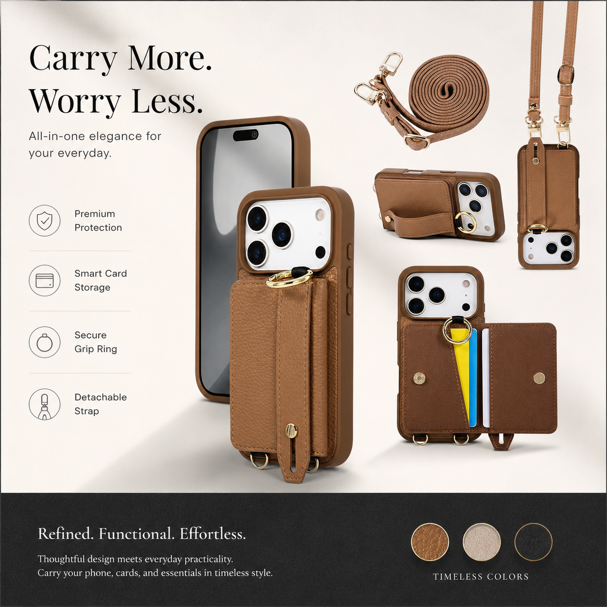 Premium iPhone Case Crossbody PU Leather Wallet Cash Card Holder Mirror Kickstand Lanyard Shockproof Storage Non Slip Protective Phone Cover Case
