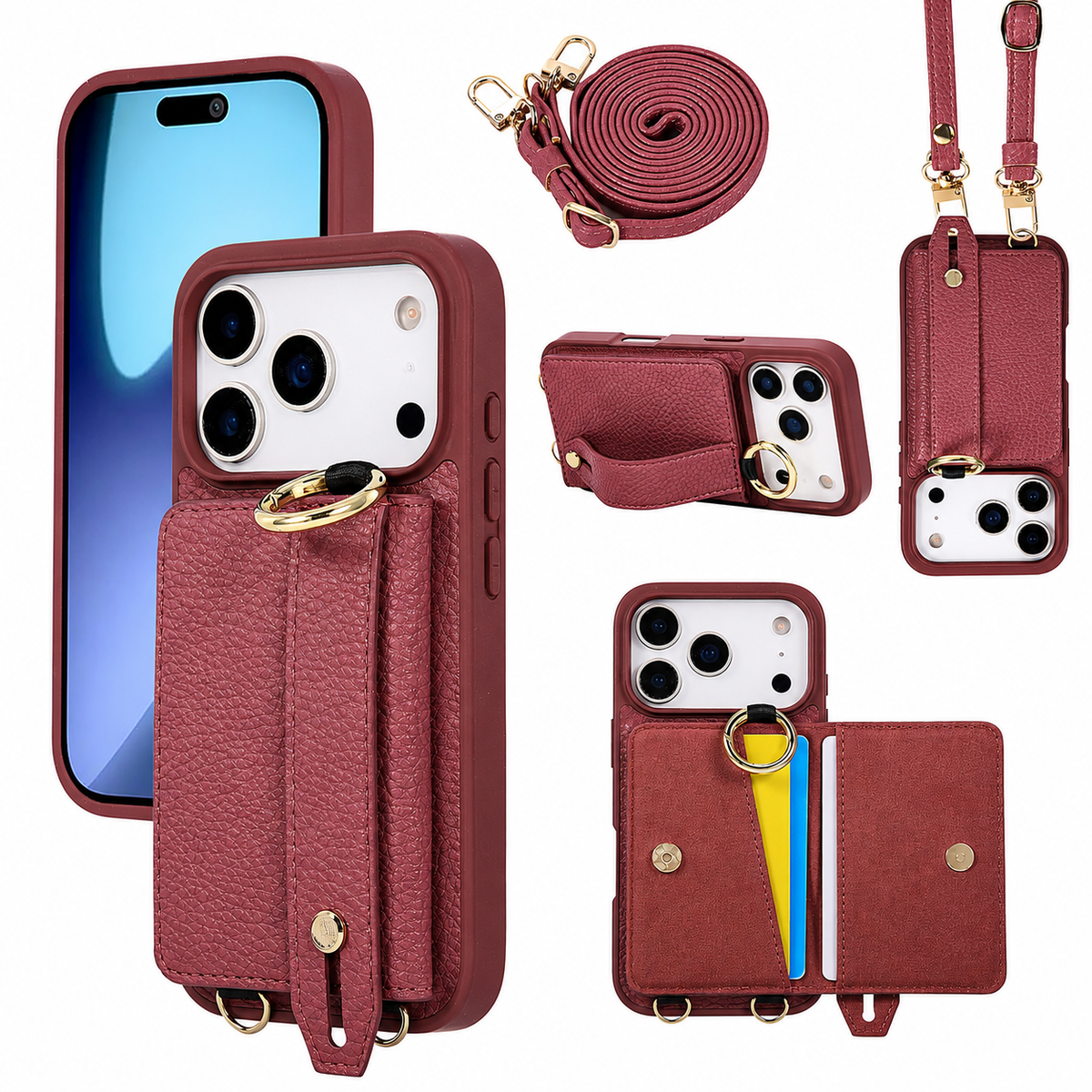 Premium iPhone Case Crossbody PU Leather Wallet Cash Card Holder Mirror Kickstand Lanyard Shockproof Storage Non Slip Protective Phone Cover Case