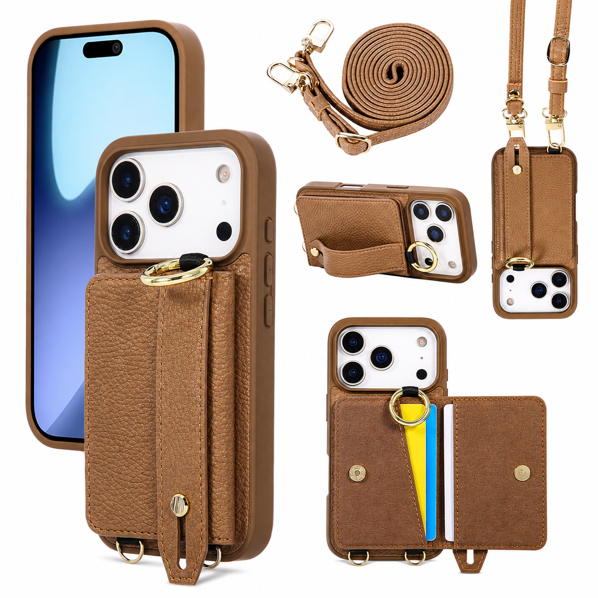 Premium iPhone Case Crossbody PU Leather Wallet Cash Card Holder Mirror Kickstand Lanyard Shockproof Storage Non Slip Protective Phone Cover Case
