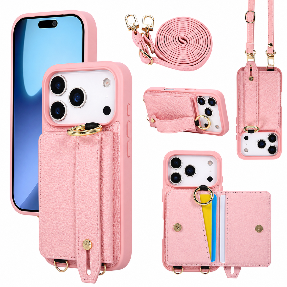 Premium iPhone Case Crossbody PU Leather Wallet Cash Card Holder Mirror Kickstand Lanyard Shockproof Storage Non Slip Protective Phone Cover Case