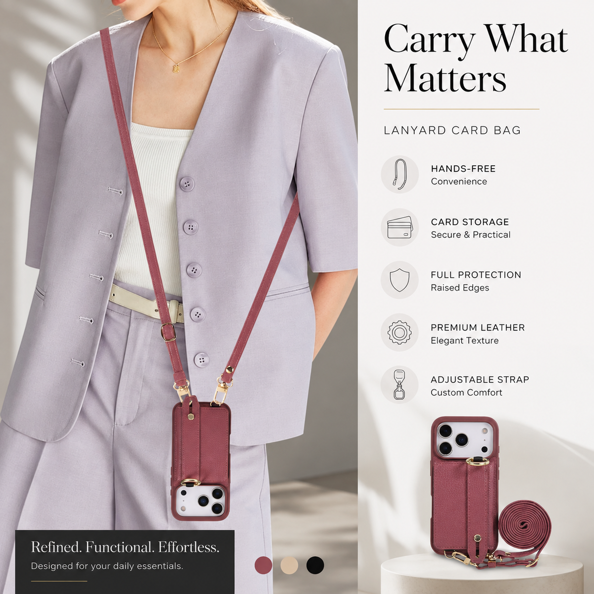 Premium iPhone Case Crossbody PU Leather Wallet Cash Card Holder Mirror Kickstand Lanyard Shockproof Storage Non Slip Protective Phone Cover Case