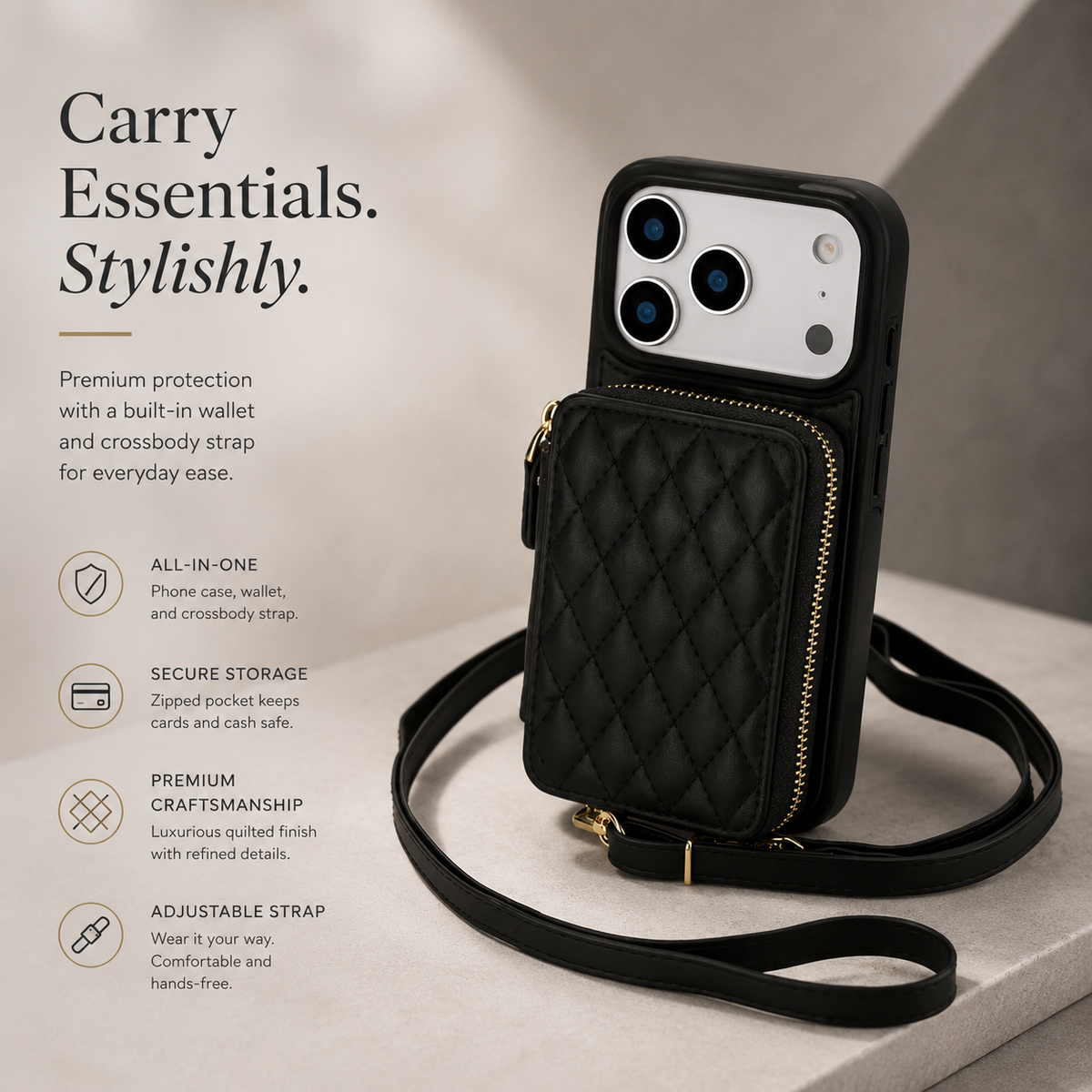 Premium iPhone Case Crossbody RFID Wallet Folio Card Holder Zipper Pocket Kickstand Wrist Strap Lanyard Protective Cover Leather Secure Storage