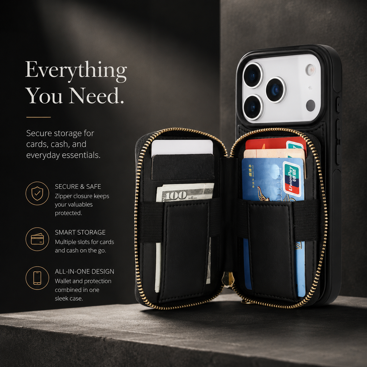 Premium iPhone Case Crossbody RFID Wallet Folio Card Holder Zipper Pocket Kickstand Wrist Strap Lanyard Protective Cover Leather Secure Storage
