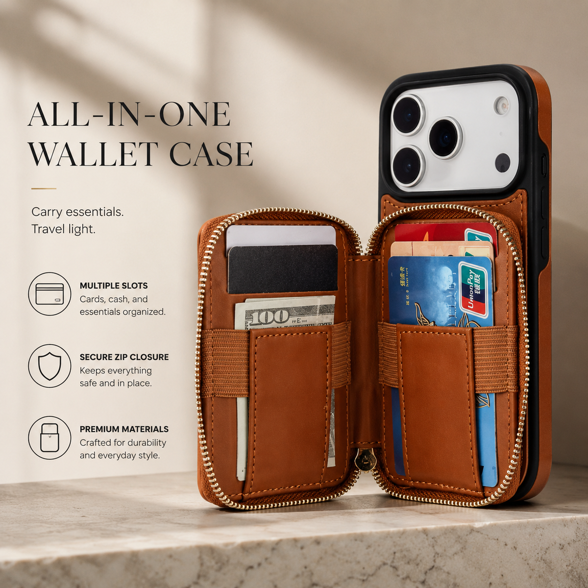 Premium iPhone Case Crossbody RFID Wallet Folio Card Holder Zipper Pocket Kickstand Wrist Strap Lanyard Protective Cover Leather Secure Storage