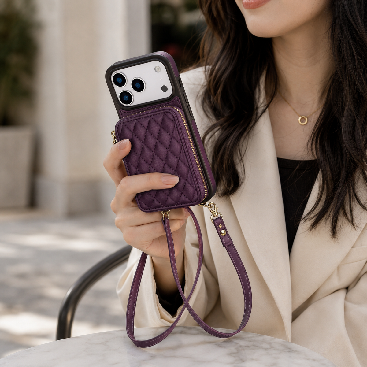 Premium iPhone Case Crossbody RFID Wallet Folio Card Holder Zipper Pocket Kickstand Wrist Strap Lanyard Protective Cover Leather Secure Storage