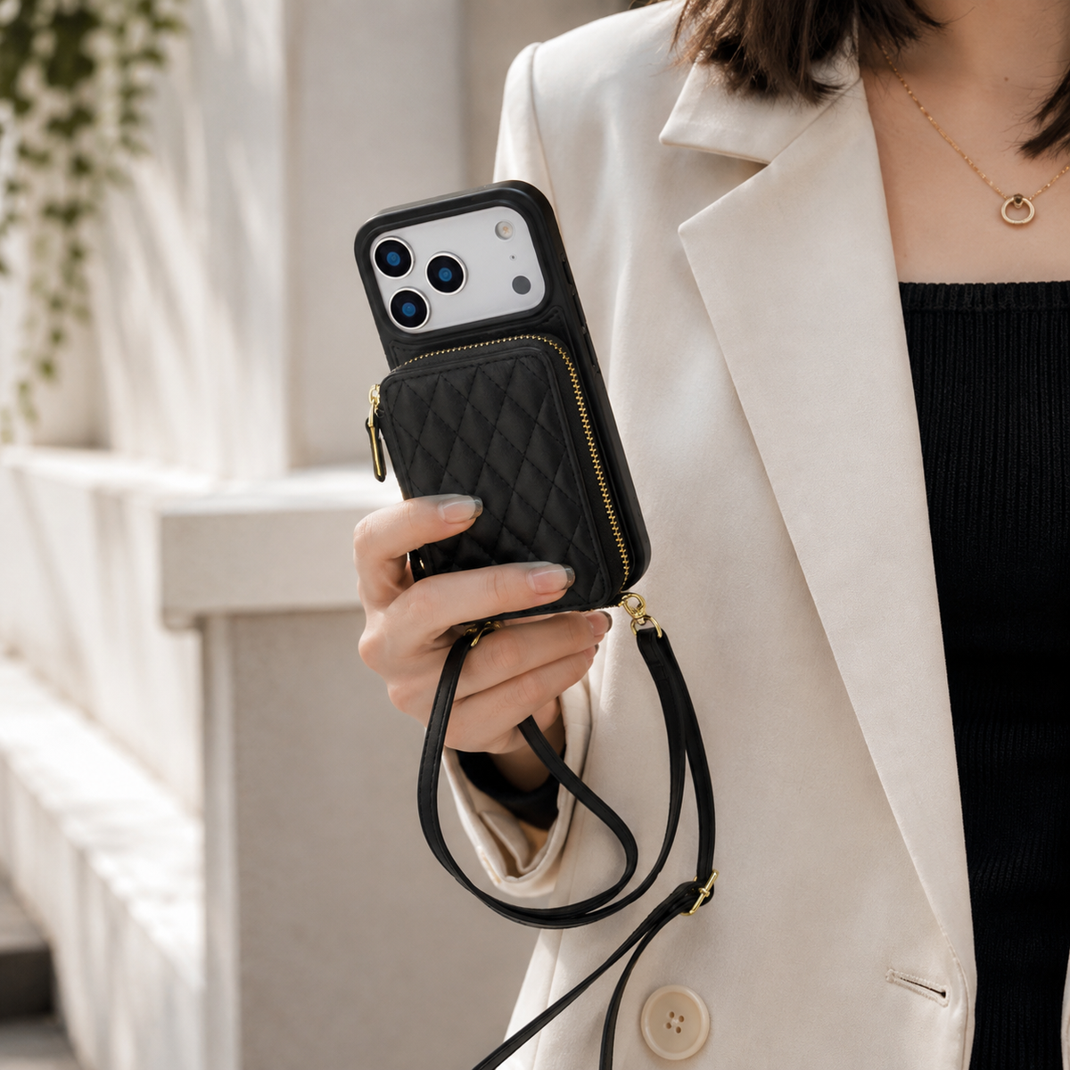 Premium iPhone Case Crossbody RFID Wallet Folio Card Holder Zipper Pocket Kickstand Wrist Strap Lanyard Protective Cover Leather Secure Storage