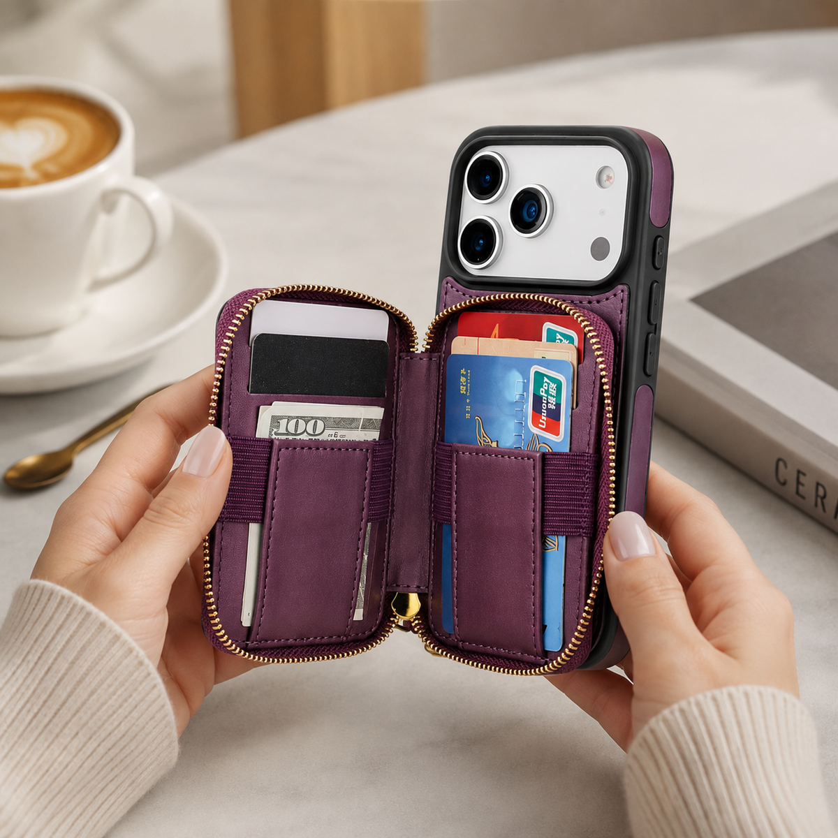 Premium iPhone Case Crossbody RFID Wallet Folio Card Holder Zipper Pocket Kickstand Wrist Strap Lanyard Protective Cover Leather Secure Storage
