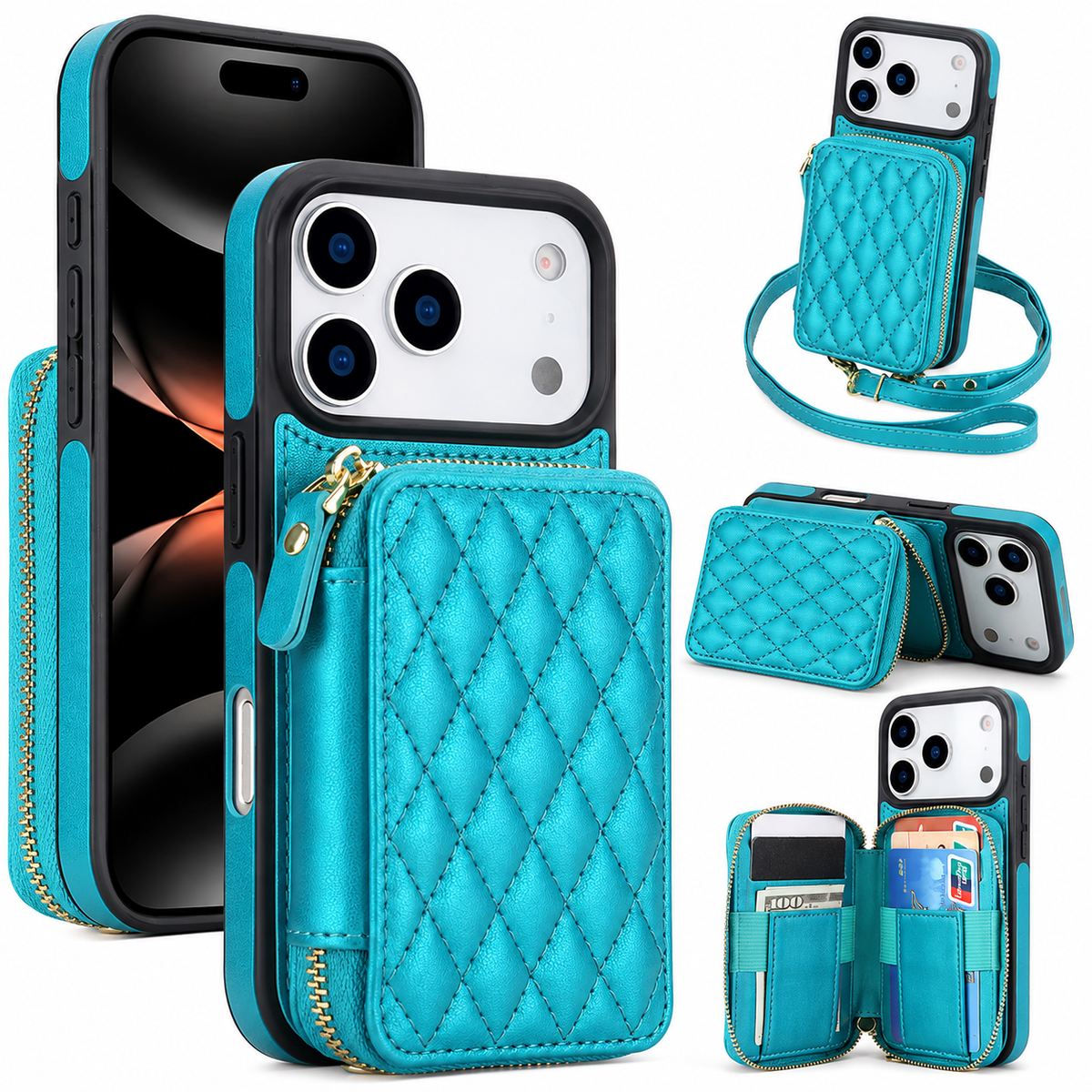 Premium iPhone Case Crossbody RFID Wallet Folio Card Holder Zipper Pocket Kickstand Wrist Strap Lanyard Protective Cover Leather Secure Storage