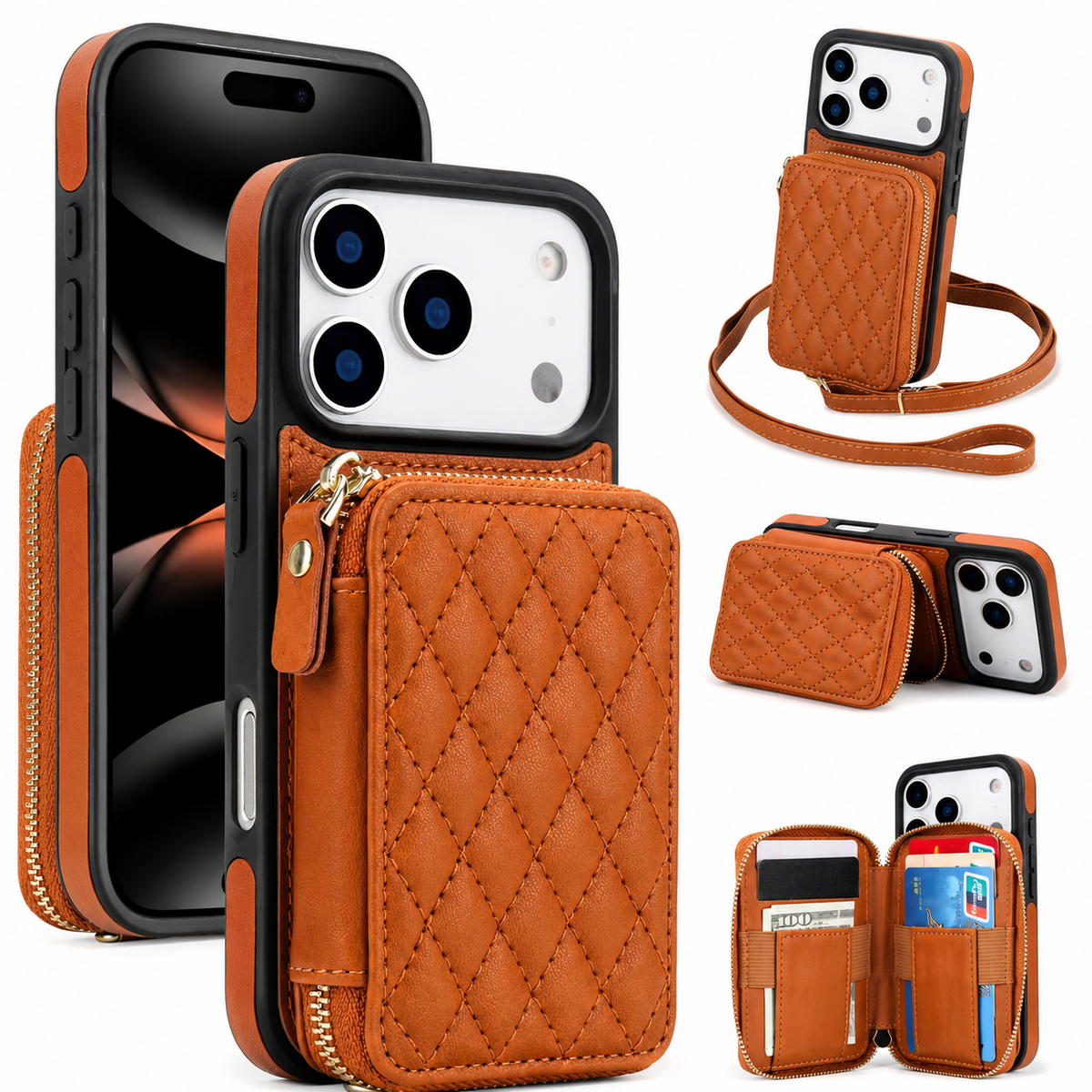 Premium iPhone Case Crossbody RFID Wallet Folio Card Holder Zipper Pocket Kickstand Wrist Strap Lanyard Protective Cover Leather Secure Storage
