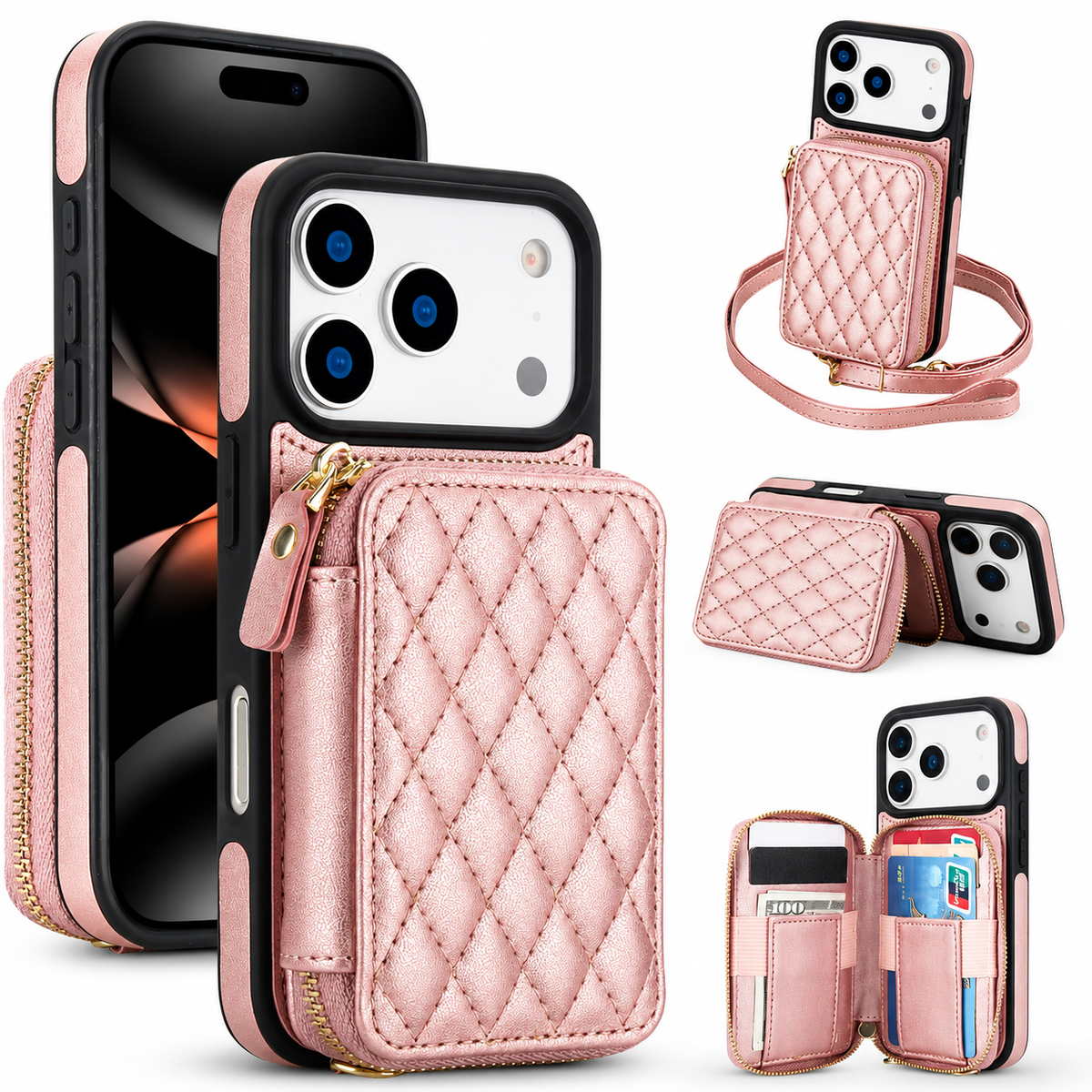 Premium iPhone Case Crossbody RFID Wallet Folio Card Holder Zipper Pocket Kickstand Wrist Strap Lanyard Protective Cover Leather Secure Storage