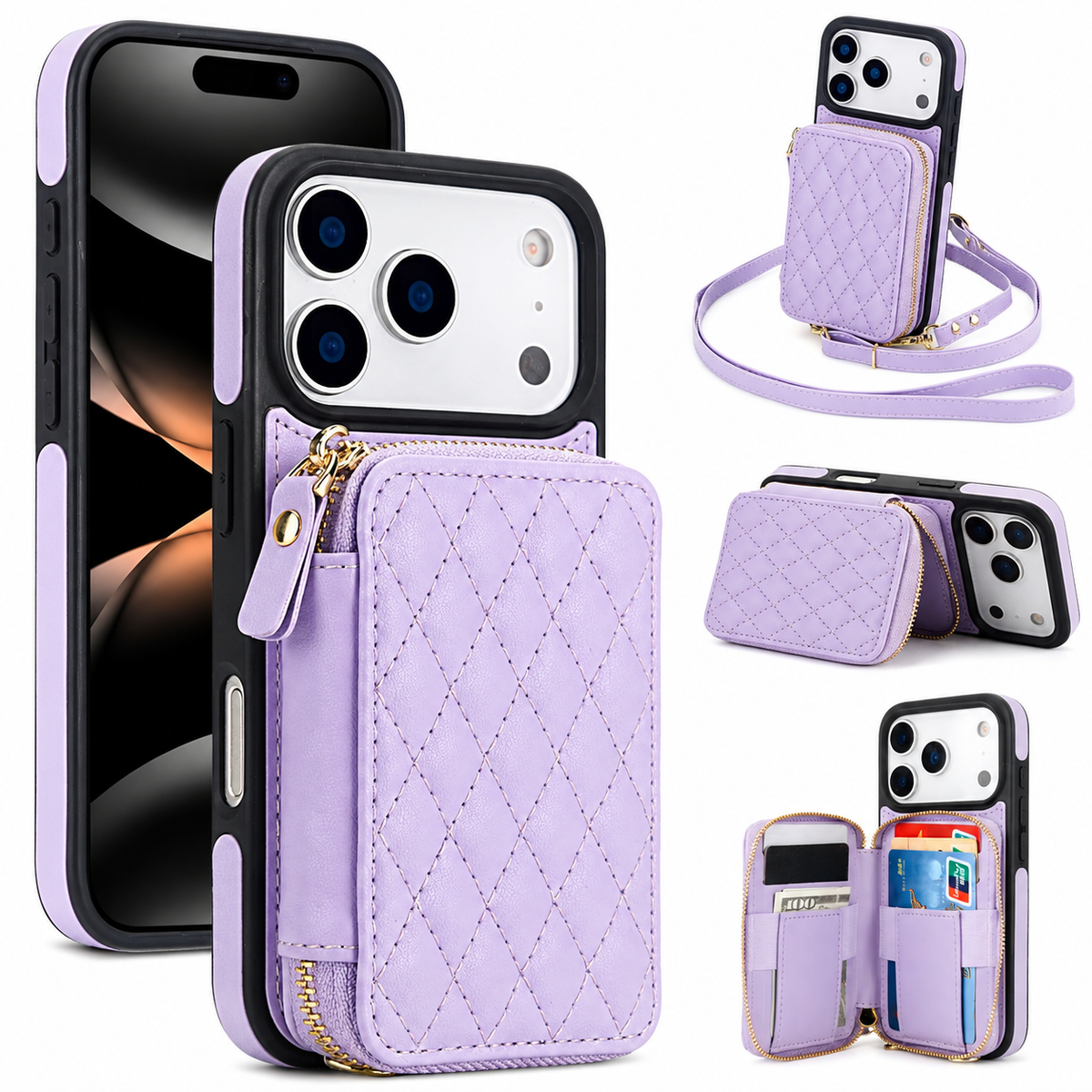 Premium iPhone Case Crossbody RFID Wallet Folio Card Holder Zipper Pocket Kickstand Wrist Strap Lanyard Protective Cover Leather Secure Storage