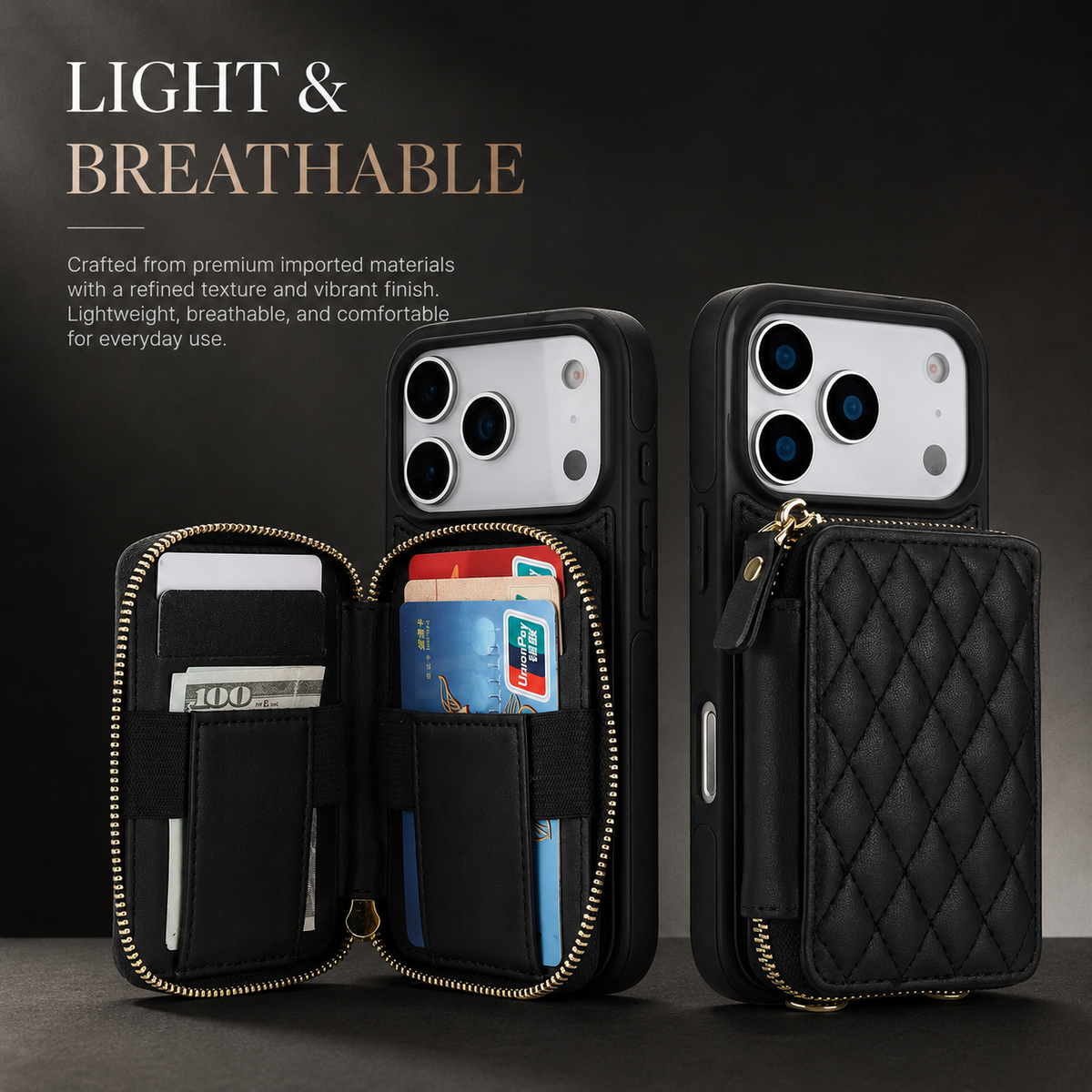 Premium iPhone Case Crossbody RFID Wallet Folio Card Holder Zipper Pocket Kickstand Wrist Strap Lanyard Protective Cover Leather Secure Storage