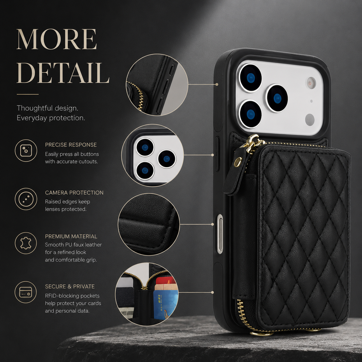 Premium iPhone Case Crossbody RFID Wallet Folio Card Holder Zipper Pocket Kickstand Wrist Strap Lanyard Protective Cover Leather Secure Storage