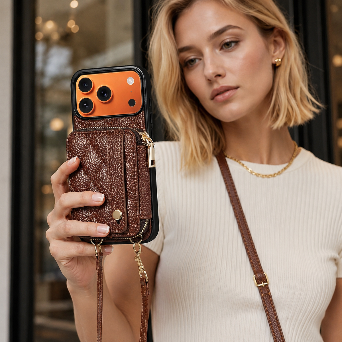 Premium iPhone Case Crossbody RFID Wallet PU Leather Card Holder Wrist Strap Protective Pouch Shockproof Anti Scratch Secure Storage Full Coverage