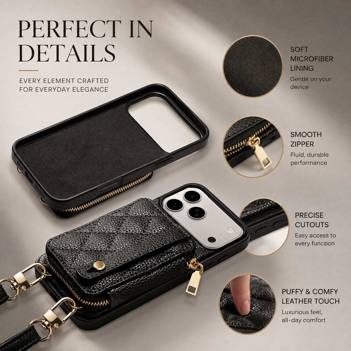 Premium iPhone Case Crossbody RFID Wallet PU Leather Card Holder Wrist Strap Protective Pouch Shockproof Anti Scratch Secure Storage Full Coverage