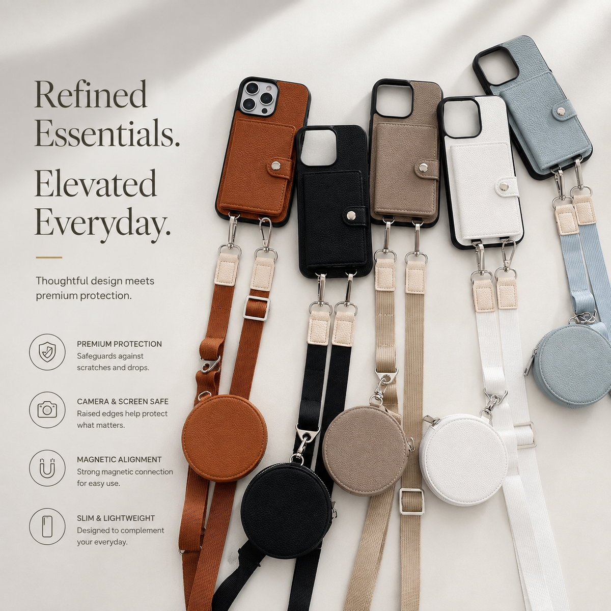Premium iPhone Case Crossbody Wallet Cover PU Leather Card Holder Coin Pocket RFID Protection Magnetic Closure Shoulder Strap Shockproof Full Protection Slim Design