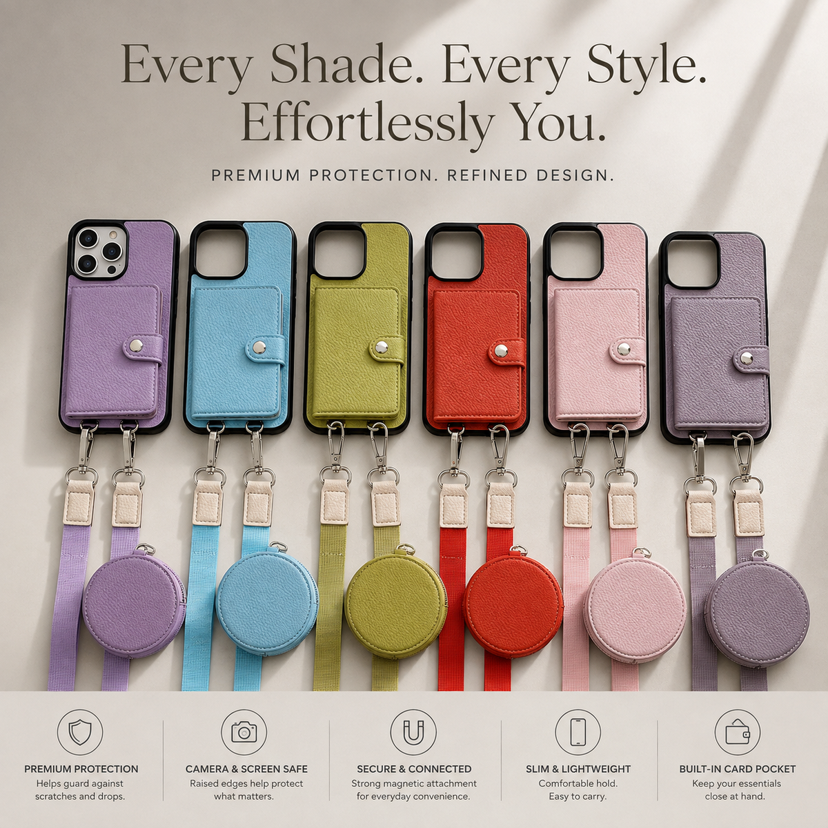 Premium iPhone Case Crossbody Wallet Cover PU Leather Card Holder Coin Pocket RFID Protection Magnetic Closure Shoulder Strap Shockproof Full Protection Slim Design