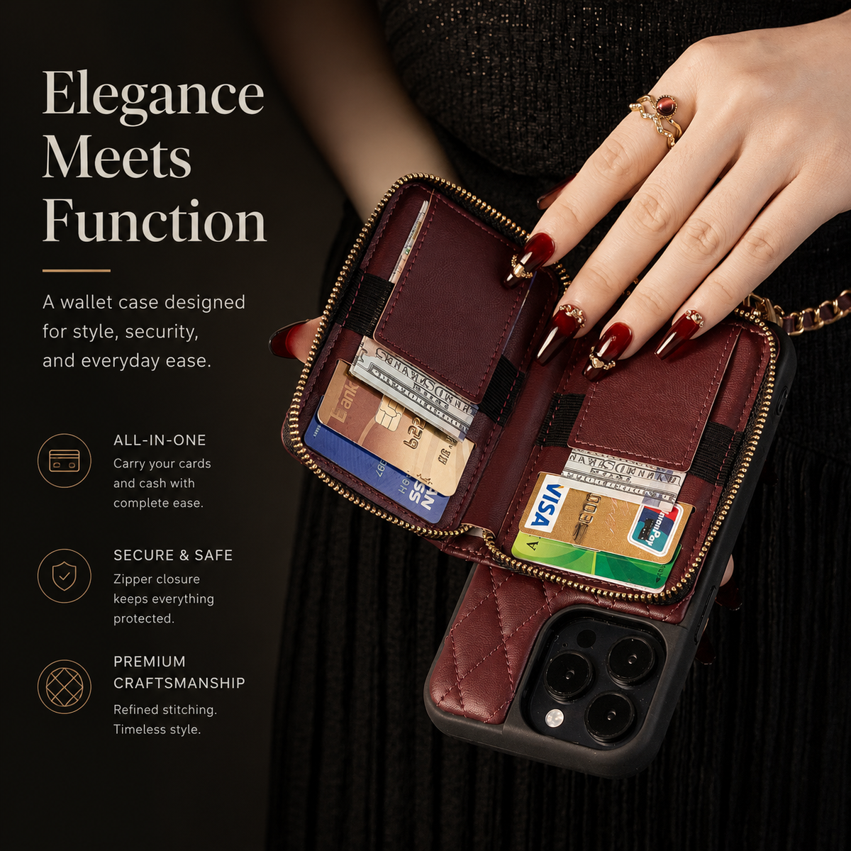 Premium iPhone Case Crossbody Wallet Leather Card Holder Chain Strap Diamond Stitch Shockproof Protective Cover Non Slip Slim Lightweight Phone Bag