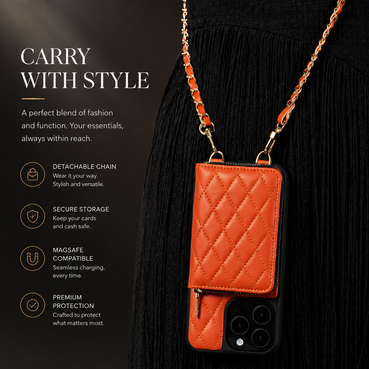 Premium iPhone Case Crossbody Wallet Leather Card Holder Chain Strap Diamond Stitch Shockproof Protective Cover Non Slip Slim Lightweight Phone Bag