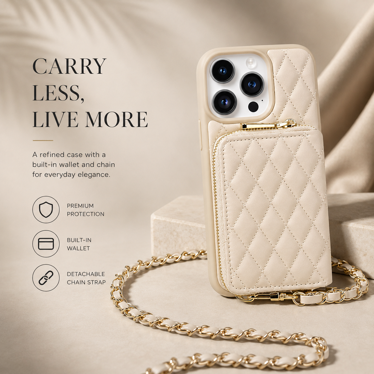 Premium iPhone Case Crossbody Wallet Leather Card Holder Chain Strap Diamond Stitch Shockproof Protective Cover Non Slip Slim Lightweight Phone Bag