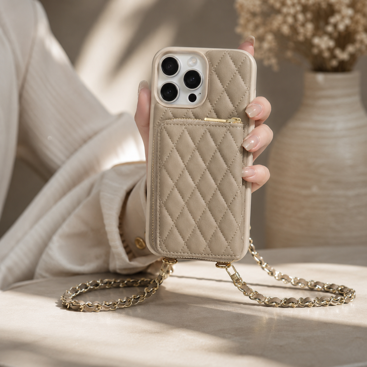 Premium iPhone Case Crossbody Wallet Leather Card Holder Chain Strap Diamond Stitch Shockproof Protective Cover Non Slip Slim Lightweight Phone Bag