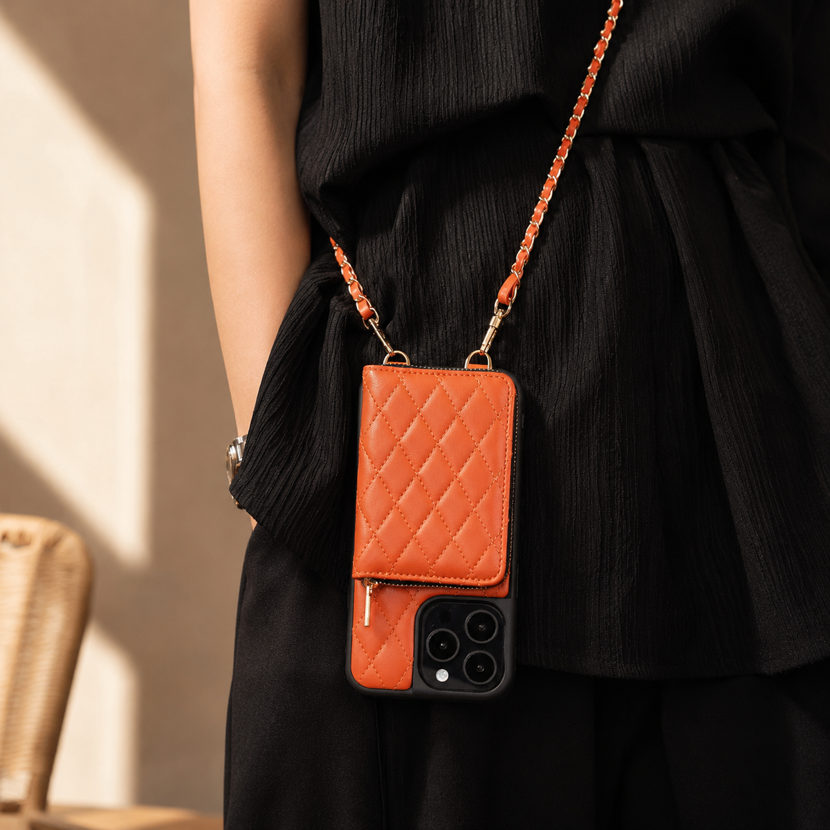 Premium iPhone Case Crossbody Wallet Leather Card Holder Chain Strap Diamond Stitch Shockproof Protective Cover Non Slip Slim Lightweight Phone Bag