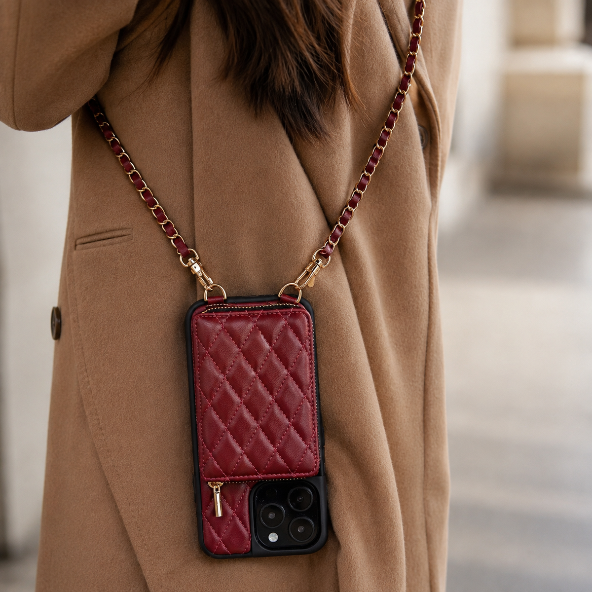 Premium iPhone Case Crossbody Wallet Leather Card Holder Chain Strap Diamond Stitch Shockproof Protective Cover Non Slip Slim Lightweight Phone Bag