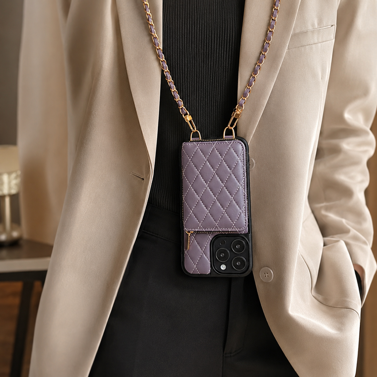 Premium iPhone Case Crossbody Wallet Leather Card Holder Chain Strap Diamond Stitch Shockproof Protective Cover Non Slip Slim Lightweight Phone Bag
