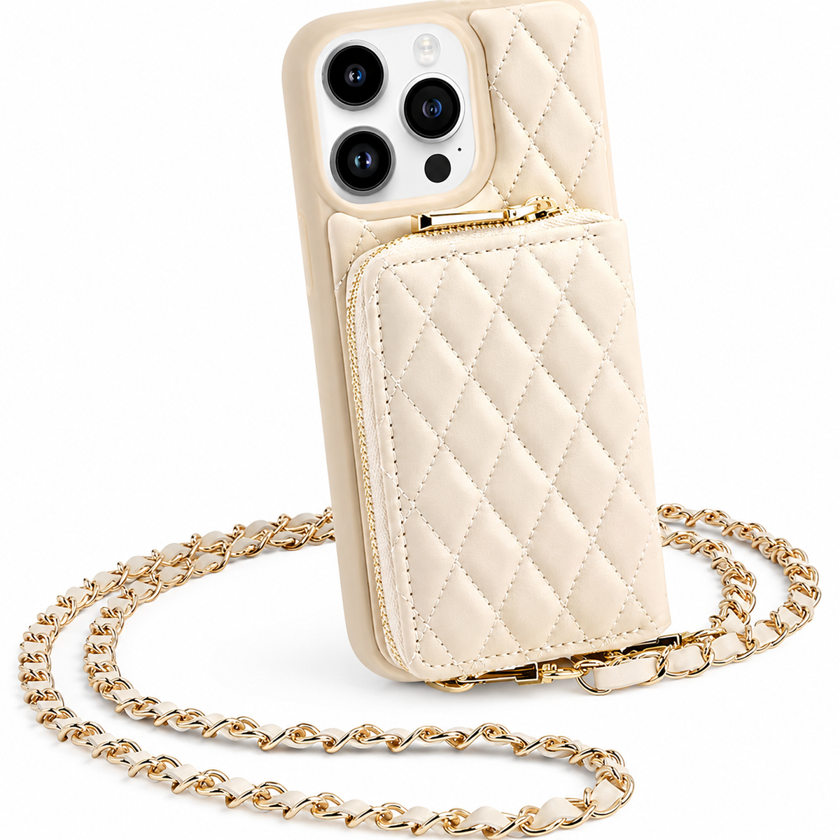 Premium iPhone Case Crossbody Wallet Leather Card Holder Chain Strap Diamond Stitch Shockproof Protective Cover Non Slip Slim Lightweight Phone Bag