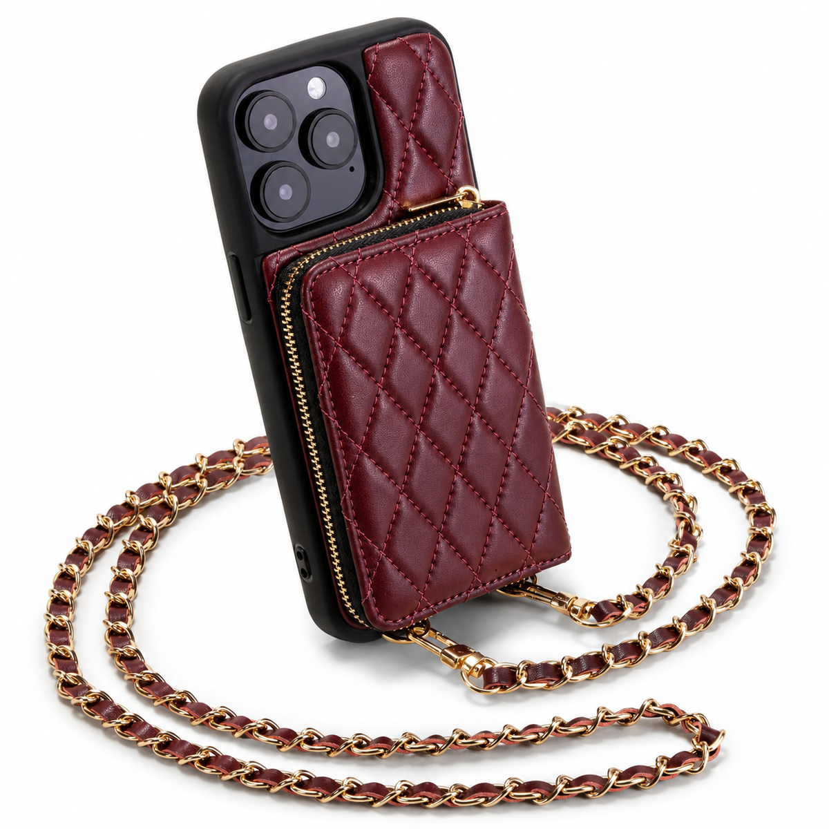 Premium iPhone Case Crossbody Wallet Leather Card Holder Chain Strap Diamond Stitch Shockproof Protective Cover Non Slip Slim Lightweight Phone Bag