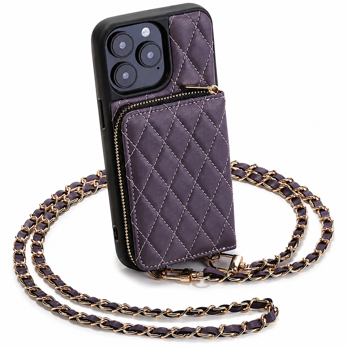 Premium iPhone Case Crossbody Wallet Leather Card Holder Chain Strap Diamond Stitch Shockproof Protective Cover Non Slip Slim Lightweight Phone Bag