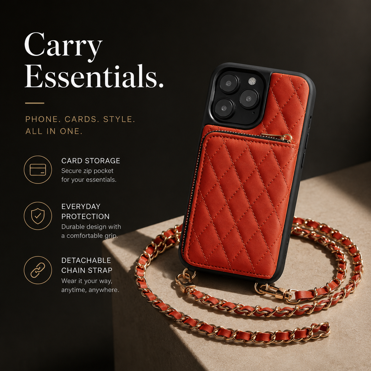 Premium iPhone Case Crossbody Wallet Leather Card Holder Chain Strap Diamond Stitch Shockproof Protective Cover Non Slip Slim Lightweight Phone Bag