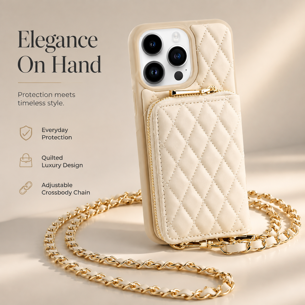 Premium iPhone Case Crossbody Wallet Leather Card Holder Chain Strap Shockproof Protective Cover Diamond Stitch Non Slip Slim Portable Phone Bag