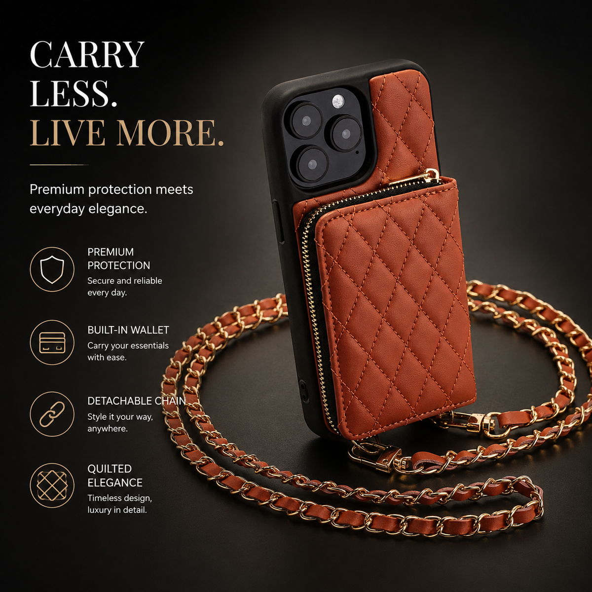 Premium iPhone Case Crossbody Wallet Leather Card Holder Chain Strap Shockproof Protective Cover Diamond Stitch Non Slip Slim Portable Phone Bag