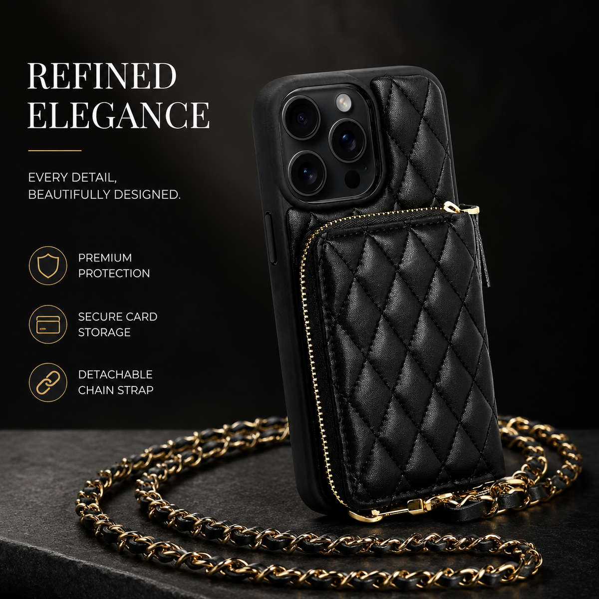 Premium iPhone Case Crossbody Wallet Leather Card Holder Chain Strap Shockproof Protective Cover Diamond Stitch Non Slip Slim Portable Phone Bag