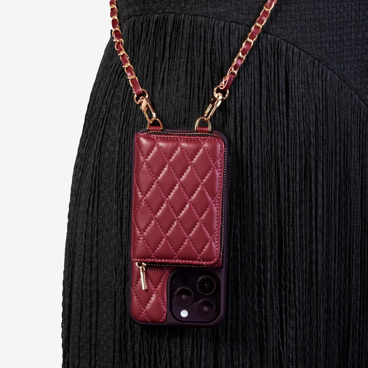 Premium iPhone Case Crossbody Wallet Leather Card Holder Chain Strap Shockproof Protective Cover Diamond Stitch Non Slip Slim Portable Phone Bag