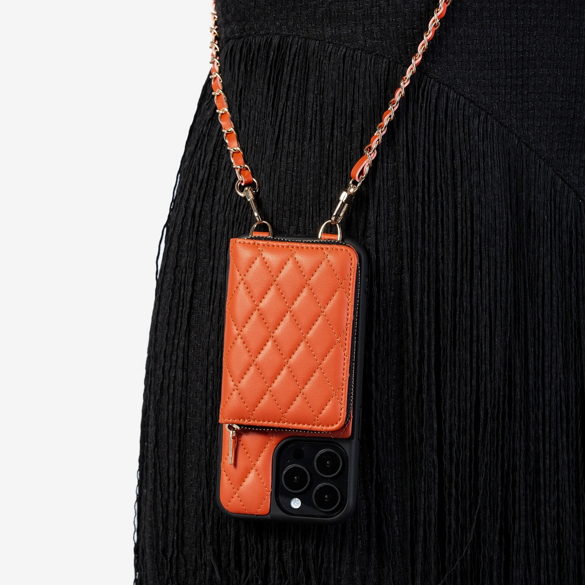 Premium iPhone Case Crossbody Wallet Leather Card Holder Chain Strap Shockproof Protective Cover Diamond Stitch Non Slip Slim Portable Phone Bag