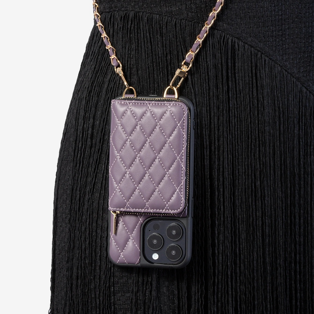 Premium iPhone Case Crossbody Wallet Leather Card Holder Chain Strap Shockproof Protective Cover Diamond Stitch Non Slip Slim Portable Phone Bag