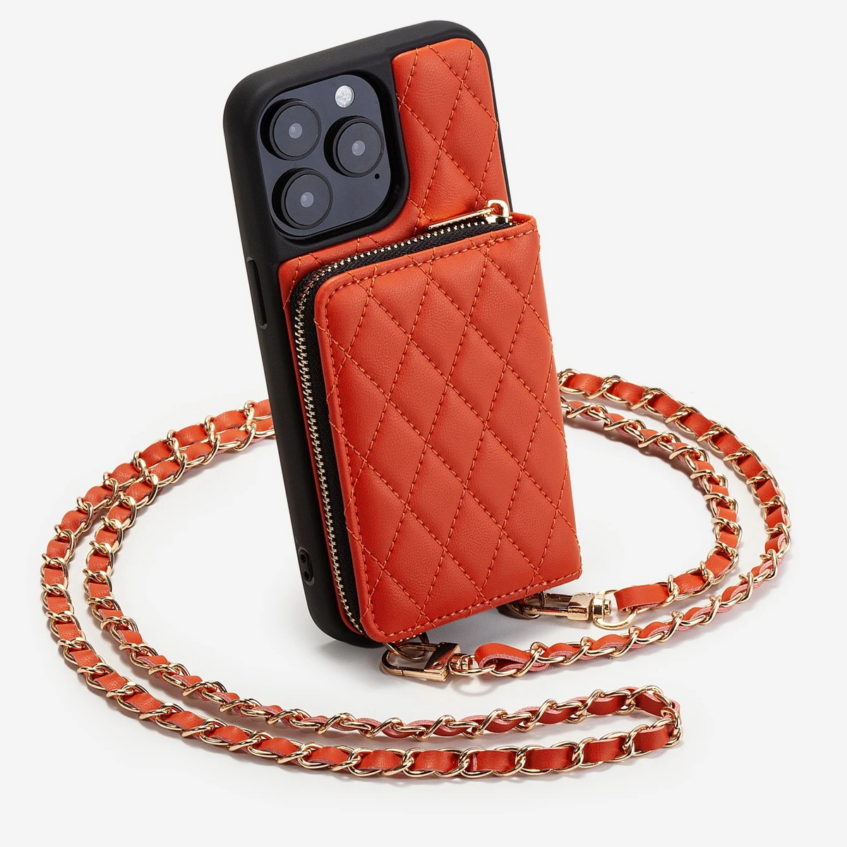 Premium iPhone Case Crossbody Wallet Leather Card Holder Chain Strap Shockproof Protective Cover Diamond Stitch Non Slip Slim Portable Phone Bag