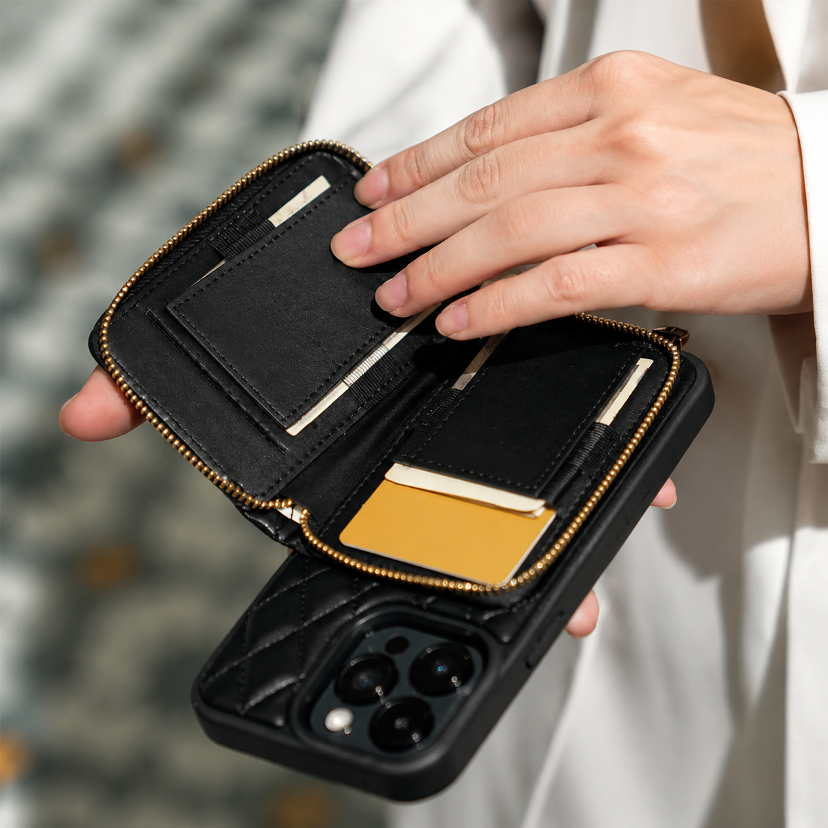 Premium iPhone Case Crossbody Wallet Leather Card Holder Chain Strap Shockproof Protective Cover Diamond Stitch Non Slip Slim Portable Phone Bag