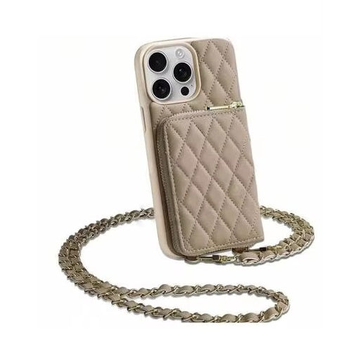 Premium iPhone Case Crossbody Wallet Leather Card Holder Chain Strap Shockproof Protective Cover Diamond Stitch Non Slip Slim Portable Phone Bag