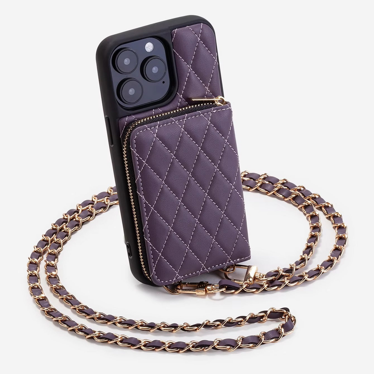 Premium iPhone Case Crossbody Wallet Leather Card Holder Chain Strap Shockproof Protective Cover Diamond Stitch Non Slip Slim Portable Phone Bag